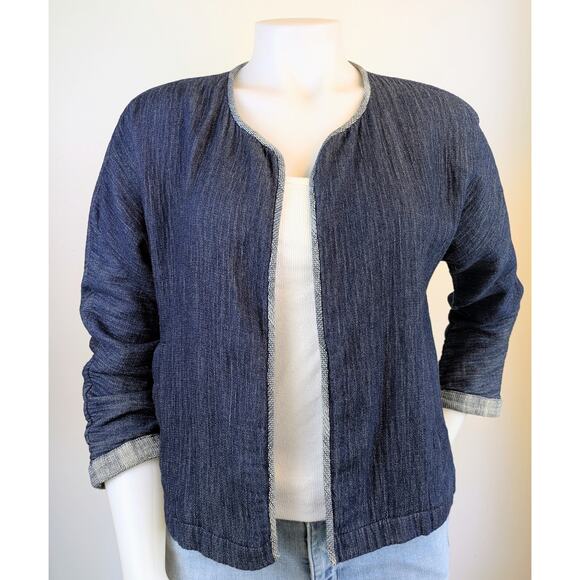 Eileen Fisher Organic Cotton Short Open Jacket Small Double Weave Indigo Denim - Picture 2 of 13